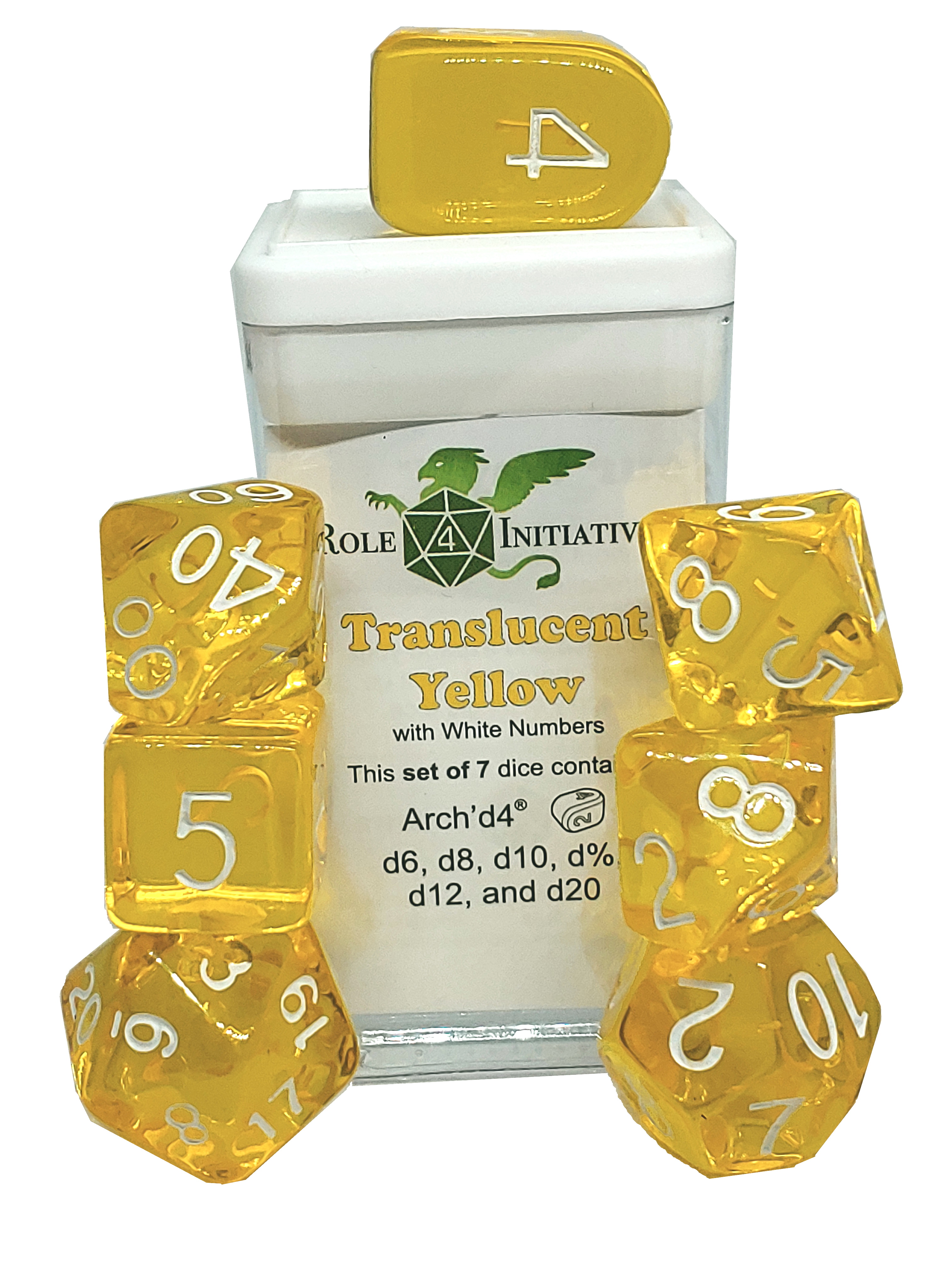 Role 4 Initiative: Polyhedral 7 Dice Set: Translucent Yellow and White Arch D4  