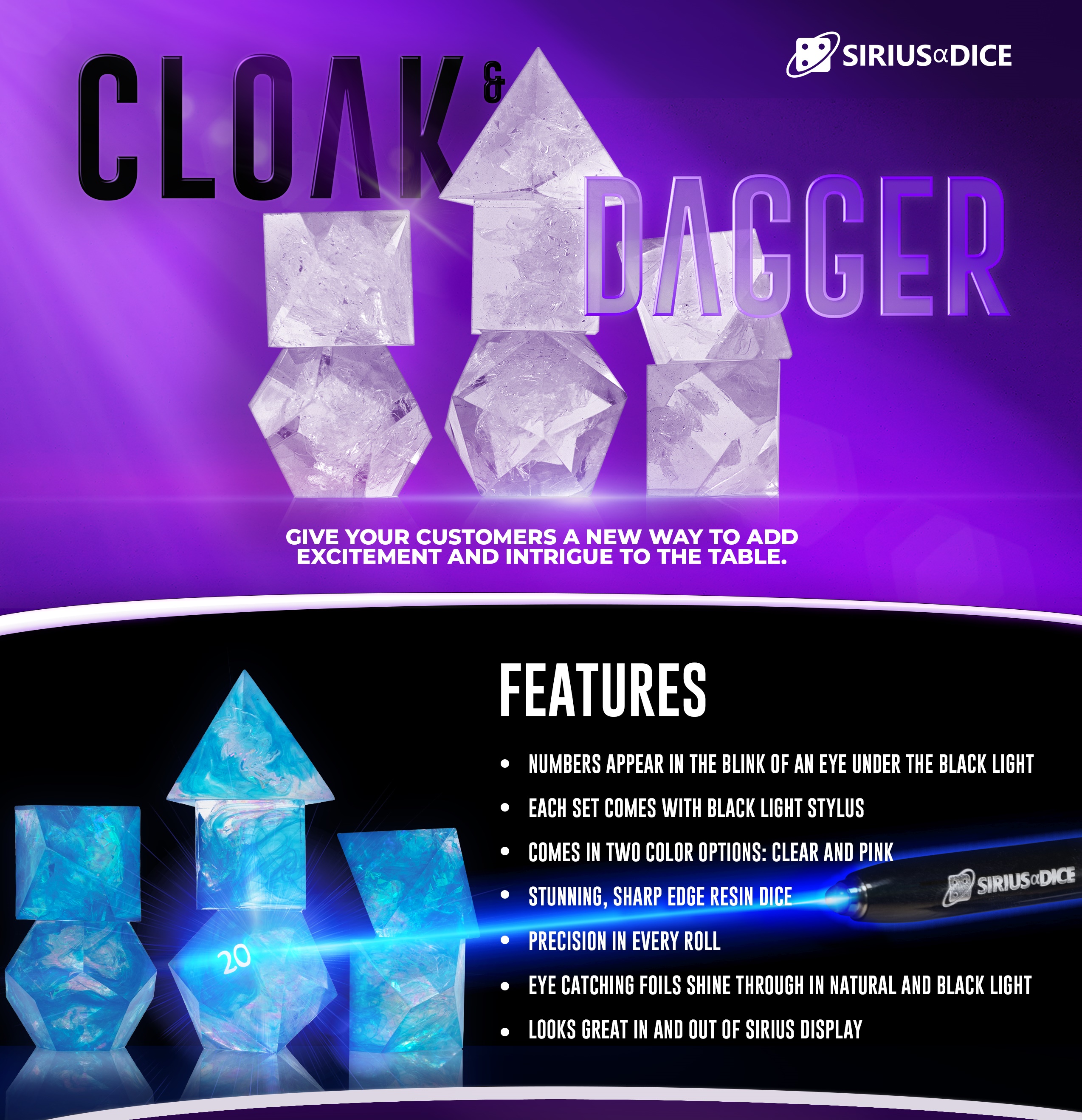 Sirius Dice 7 Die Set: Cloak and Dagger: Clear 