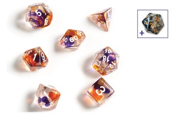 Sirius Dice 7 Die Set: Translucent Purple, Orange and Clear 