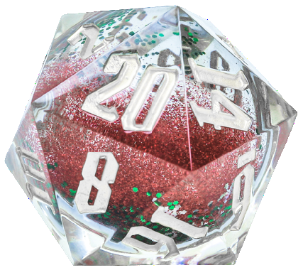 Sirius Dice D20: Snow Globe Silver Ink and Red/Green Glitter 54mm 