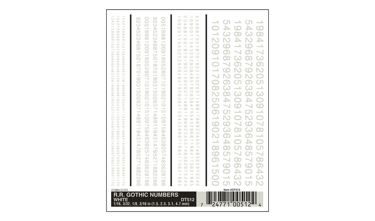 Woodland Scenics: Dry Transfer Decal - RR Gothic Numbers White 