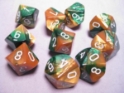 Chessex (26225): D10: Gemini: Gold Green/White 