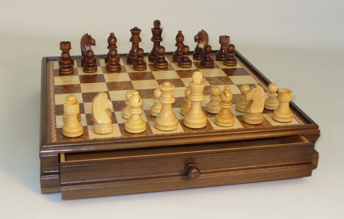Chess Set: Walnut Maple Inlaid Drawer Chest 3" King 