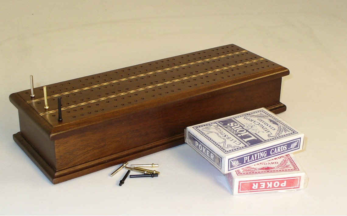 CRIBBAGE: 3 TRACK INLAID WALNUT WITH CARDS 