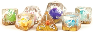 Fanroll: 7 Dice Polyhedral Set: RAINBOW DINOSAUR INCLUSION 16MM