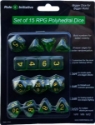 Role 4 Initiative: Polyhedral 15 Dice Set: Translucent Dark Green with Gold Numbers 
