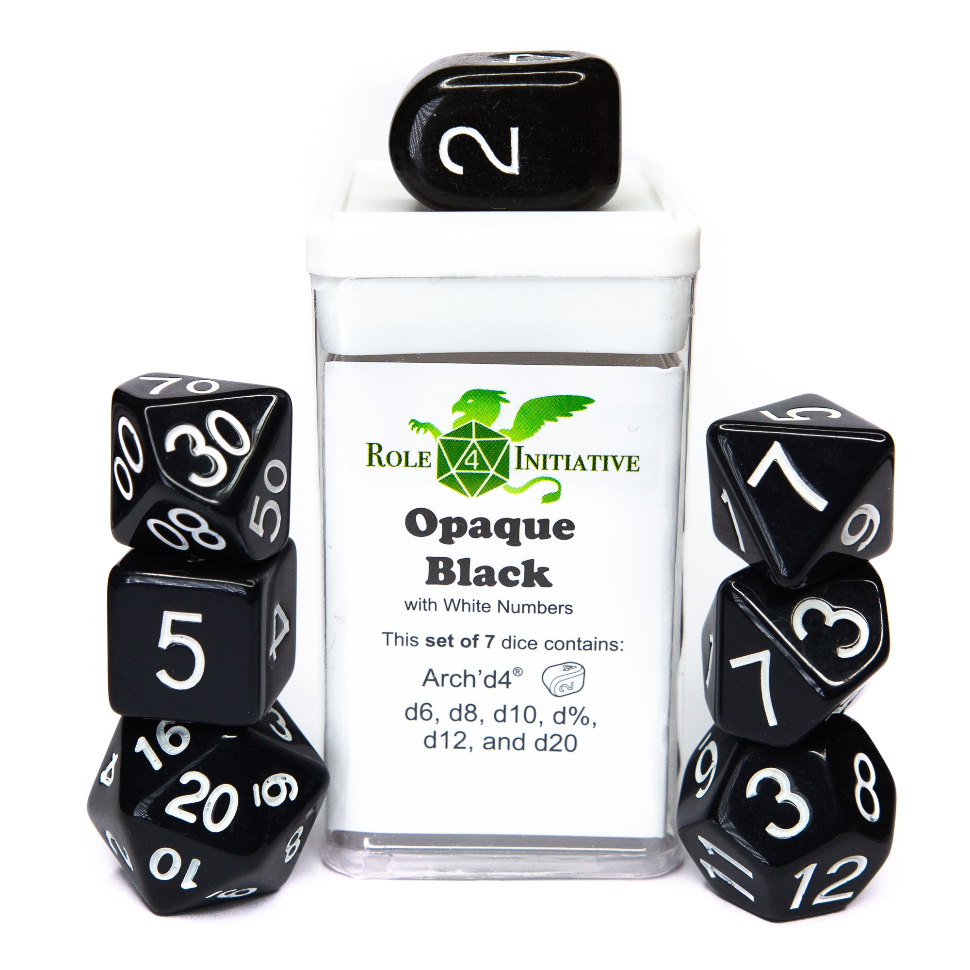 Role 4 Initiative Polyhedral 7 Dice Set: Opaque Black and White [Arch D4]  