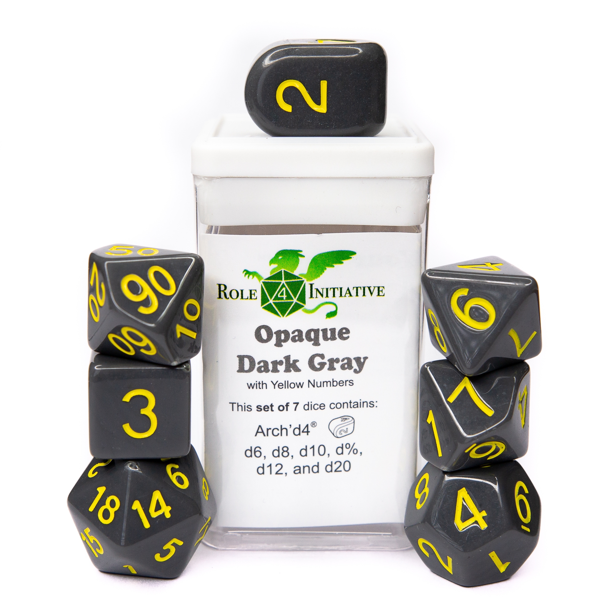 Role 4 Initiative: Polyhedral 7 Dice Set: Opaque Dark Gray and Yellow Arch D4  [Damaged] 