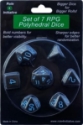 Role 4 Initiative Polyhedral 7 Dice Set: Translucent Black (Smoke) with Light Blue Numbers 