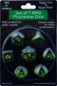 Role 4 Initiative Polyhedral 7 Dice Set: Translucent Dark Green with Gold Numbers 