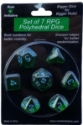 Role 4 Initiative Polyhedral 7 Dice Set: Translucent Dark Green with Light Blue Numbers 